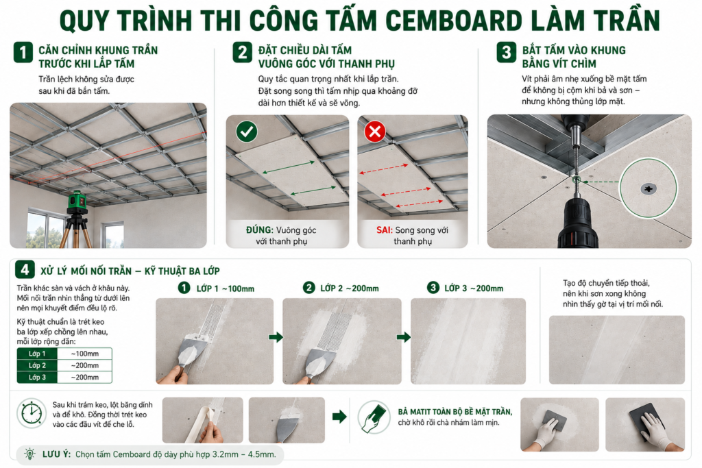 Quy trình thi công tấm cemboard làm trần